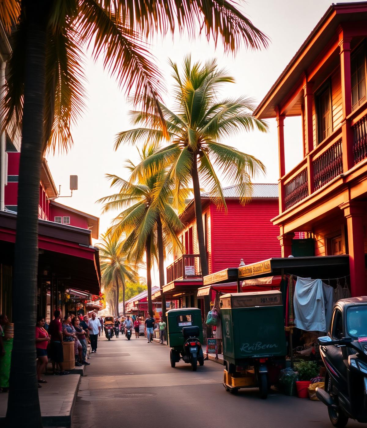 Colorful colonial Georgetown street lined with palm trees